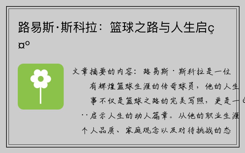 路易斯·斯科拉：篮球之路与人生启示