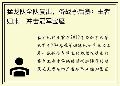 猛龙队全队复出，备战季后赛：王者归来，冲击冠军宝座